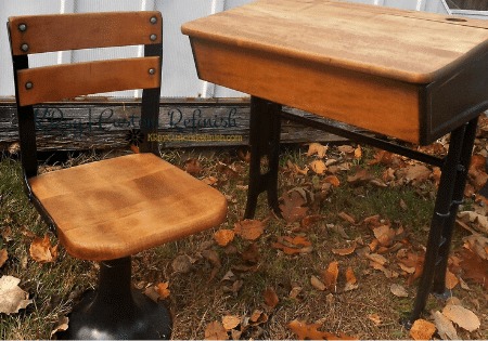 Vintage Cast Iron and wood school desk full side