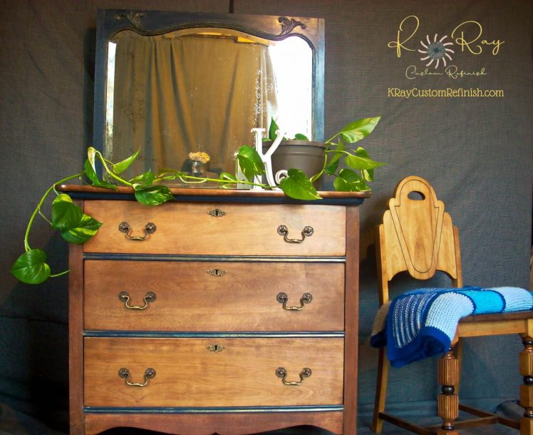 two-tone maple dresser with antique square mirror