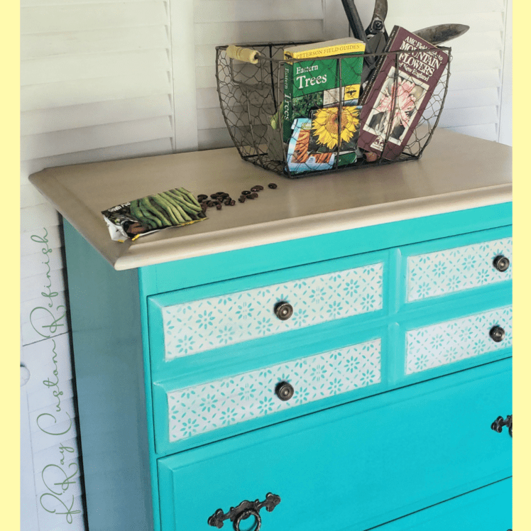 Teal Chest of Drawers Natural Wood Base Top