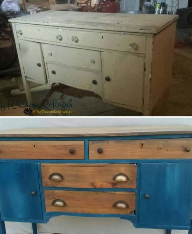 Hand-painted sideboard with natural wood accents before and after